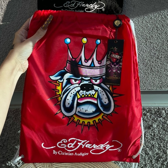 ꧁ NWT Rare VTG Red Ed Hardy Misha Bulldog Drawstring Bag ꧂ - Picture 5 of 6